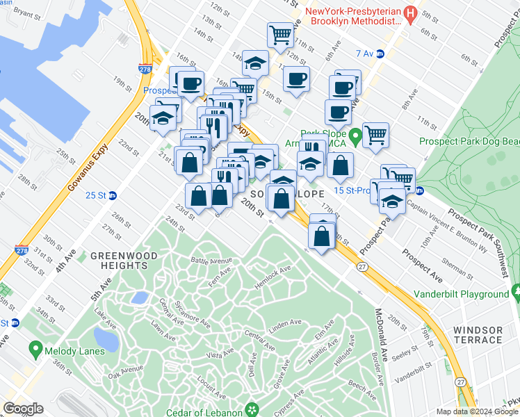 map of restaurants, bars, coffee shops, grocery stores, and more near 349 20th Street in Brooklyn