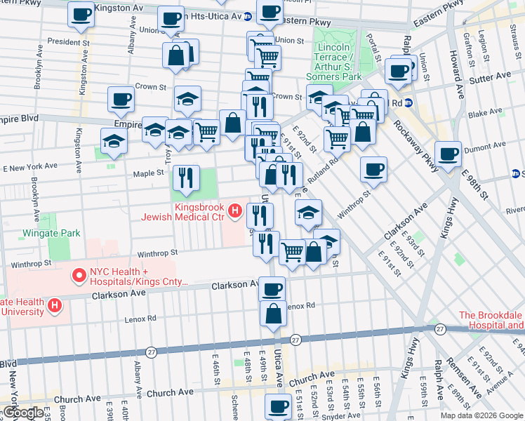 map of restaurants, bars, coffee shops, grocery stores, and more near 530 Utica Avenue in Brooklyn