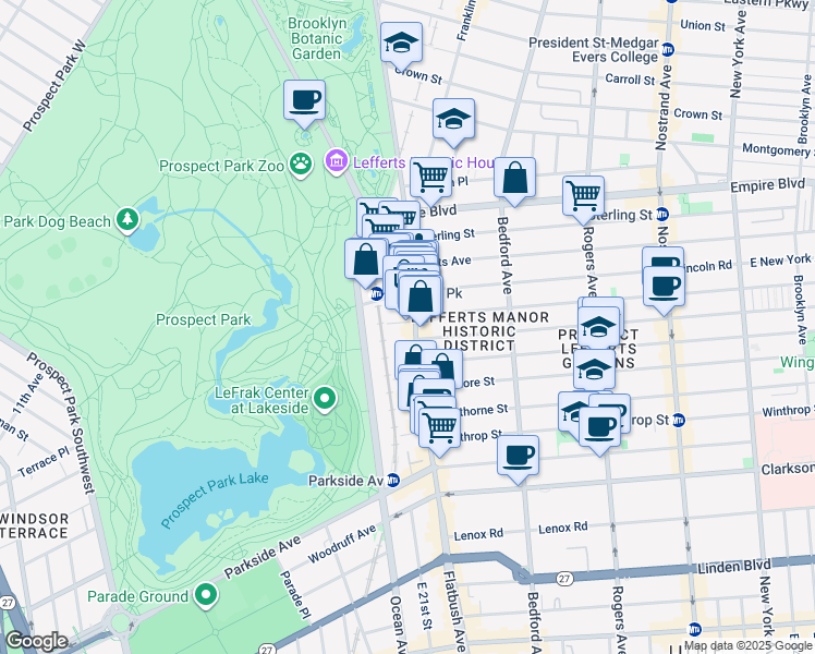 map of restaurants, bars, coffee shops, grocery stores, and more near 553 Flatbush Avenue in Brooklyn