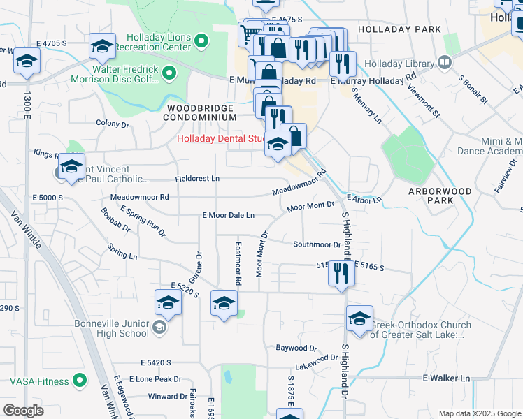 map of restaurants, bars, coffee shops, grocery stores, and more near 1814 East 4995 South in Holladay