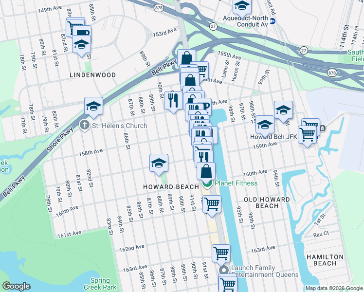 map of restaurants, bars, coffee shops, grocery stores, and more near 158-03 91st Street in Queens