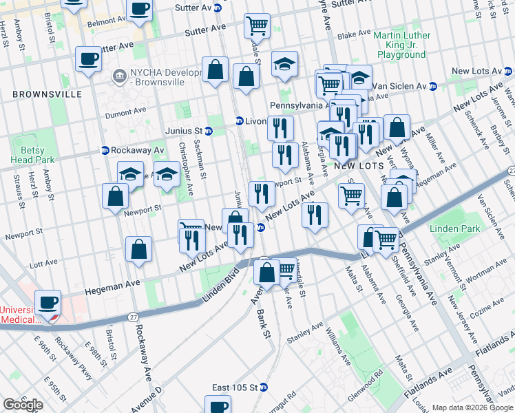 map of restaurants, bars, coffee shops, grocery stores, and more near 679 Van Sinderen Avenue in Brooklyn