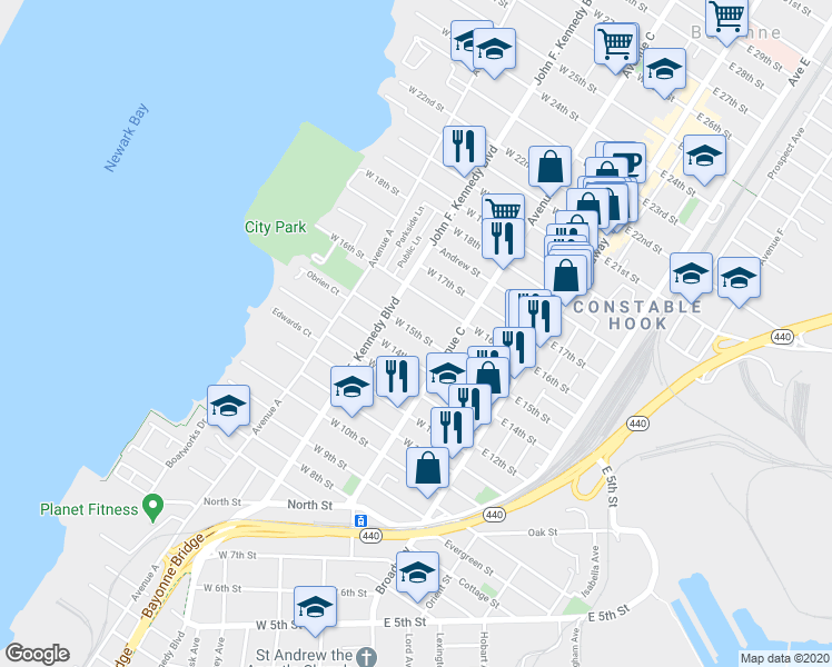 map of restaurants, bars, coffee shops, grocery stores, and more near West 15th Street in Bayonne