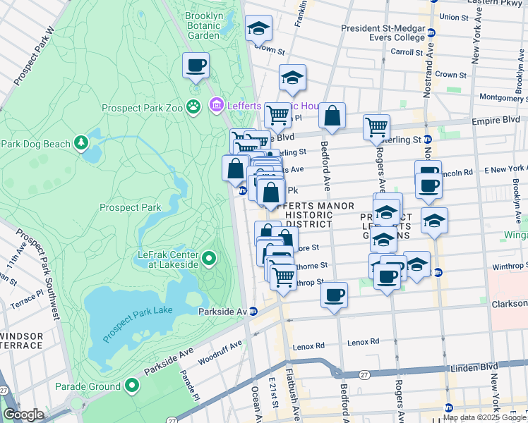 map of restaurants, bars, coffee shops, grocery stores, and more near 553 Flatbush Avenue in Brooklyn