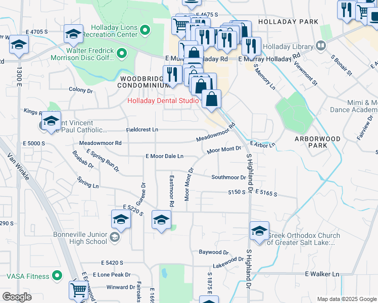 map of restaurants, bars, coffee shops, grocery stores, and more near 1814 East 4995 South in Holladay