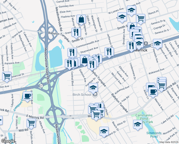map of restaurants, bars, coffee shops, grocery stores, and more near 2273 Babylon Turnpike in Merrick