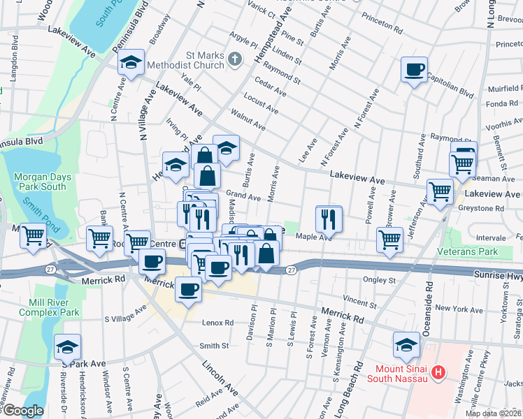 map of restaurants, bars, coffee shops, grocery stores, and more near 152 Morris Avenue in Rockville Centre