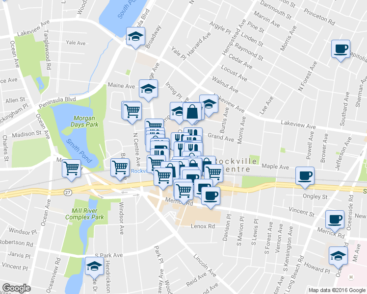 map of restaurants, bars, coffee shops, grocery stores, and more near 57 Clinton Avenue in Rockville Centre