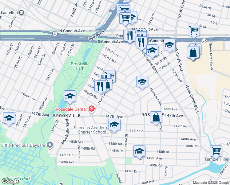 map of restaurants, bars, coffee shops, grocery stores, and more near 243-18 Caney Road in Queens