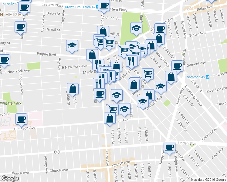 map of restaurants, bars, coffee shops, grocery stores, and more near 914 Rutland Road in Brooklyn