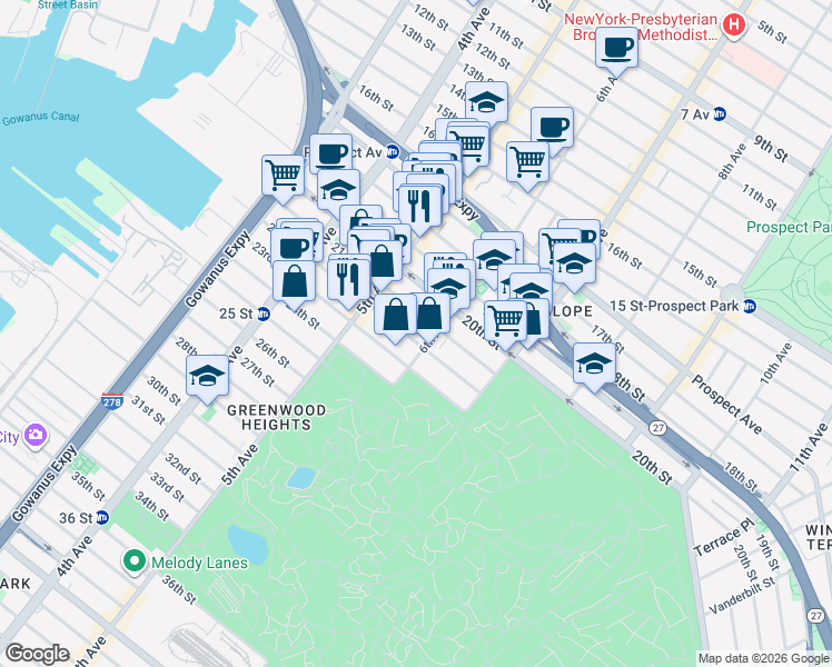 map of restaurants, bars, coffee shops, grocery stores, and more near 283 21st Street in Brooklyn