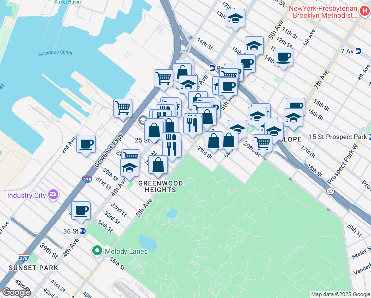 map of restaurants, bars, coffee shops, grocery stores, and more near 229 23rd Street in Brooklyn