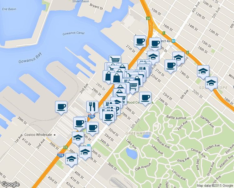 map of restaurants, bars, coffee shops, grocery stores, and more near 148 26th Street in Brooklyn