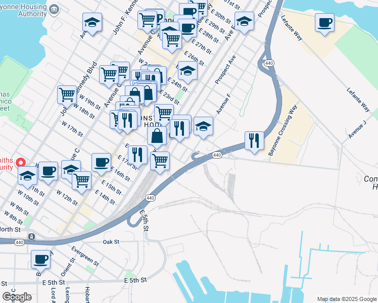 map of restaurants, bars, coffee shops, grocery stores, and more near 103 Avenue F in Bayonne