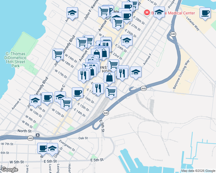 map of restaurants, bars, coffee shops, grocery stores, and more near in Bayonne
