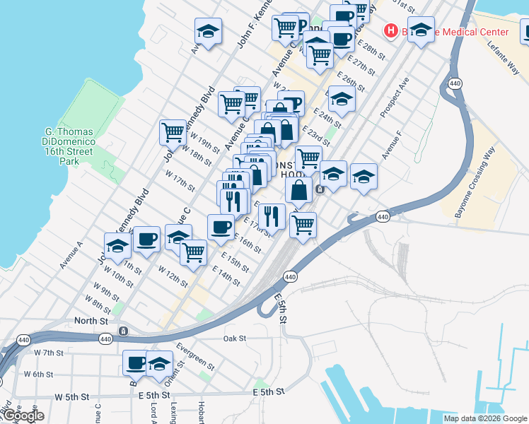 map of restaurants, bars, coffee shops, grocery stores, and more near 24 East 19th Street in Bayonne