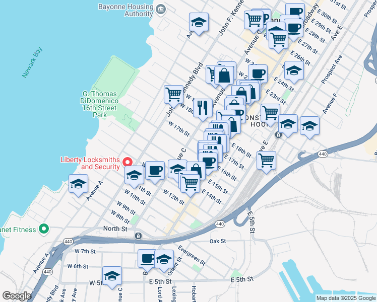 map of restaurants, bars, coffee shops, grocery stores, and more near 392 Avenue C in Bayonne
