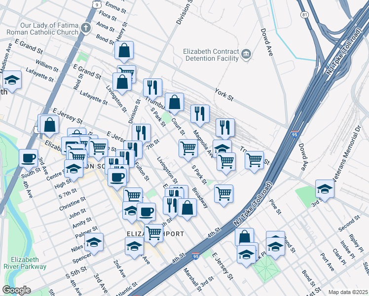 map of restaurants, bars, coffee shops, grocery stores, and more near 635 Court Street in Elizabeth