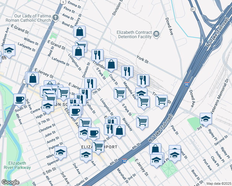 map of restaurants, bars, coffee shops, grocery stores, and more near 635 Court Street in Elizabeth