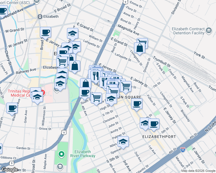 map of restaurants, bars, coffee shops, grocery stores, and more near in Elizabeth