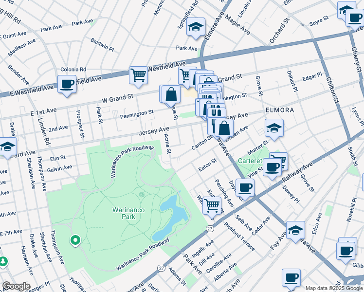 map of restaurants, bars, coffee shops, grocery stores, and more near 142 Bellevue Street in Elizabeth