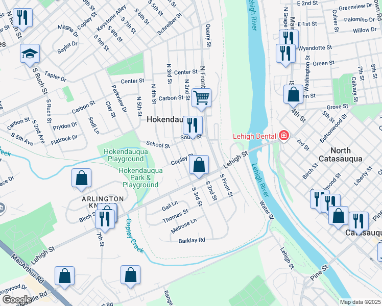 map of restaurants, bars, coffee shops, grocery stores, and more near 3012 South 2nd Street in Hokendauqua