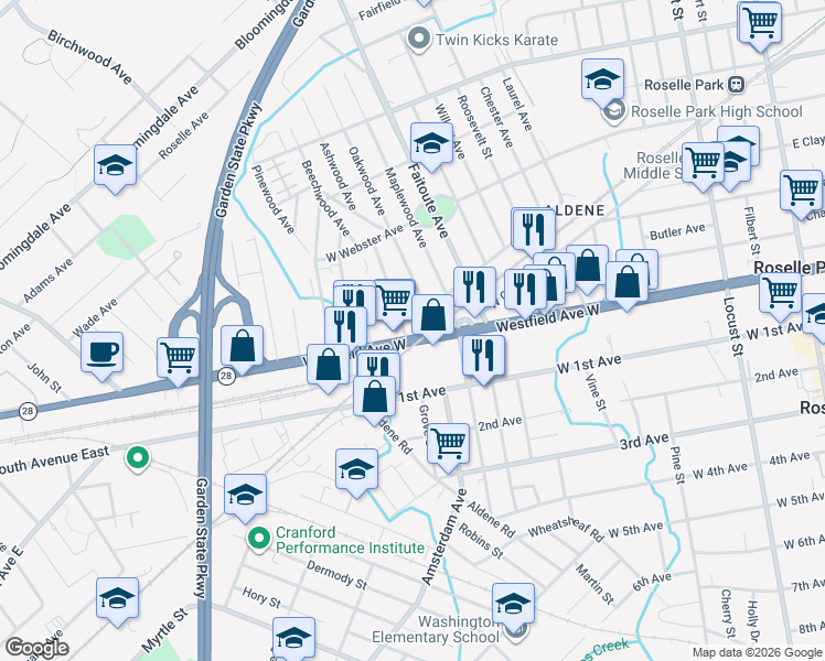 map of restaurants, bars, coffee shops, grocery stores, and more near 436 Seaton Avenue in Roselle Park