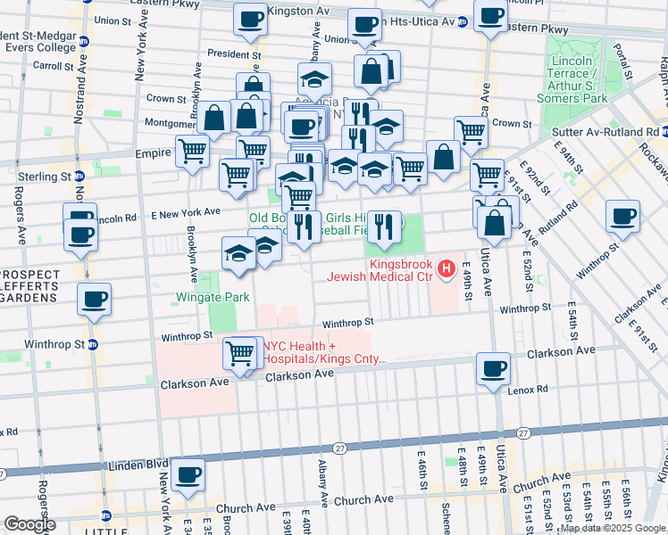 map of restaurants, bars, coffee shops, grocery stores, and more near 668 Rutland Road in Brooklyn