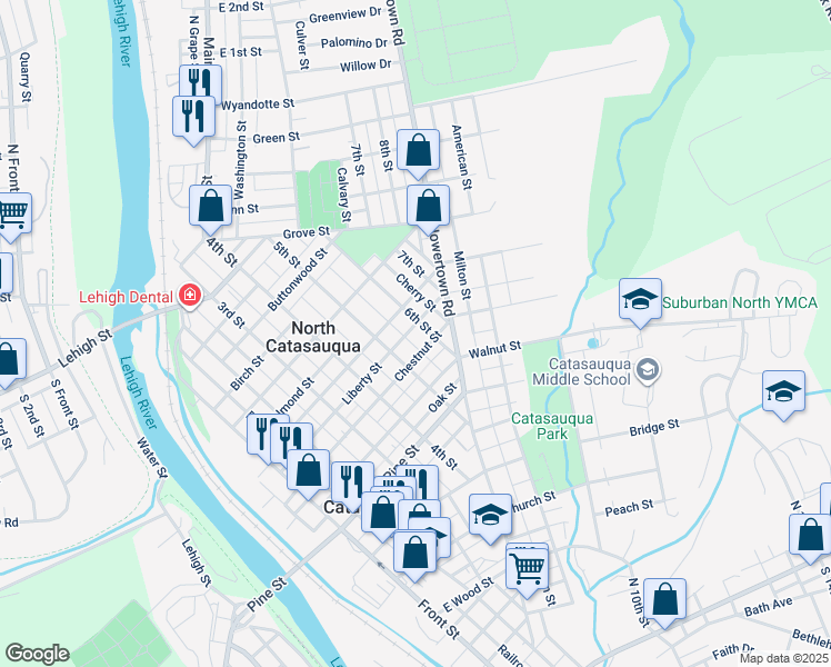 map of restaurants, bars, coffee shops, grocery stores, and more near 1038 6th Street in Catasauqua