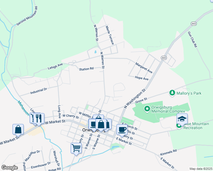 map of restaurants, bars, coffee shops, grocery stores, and more near 538 North Warren Street in Orwigsburg