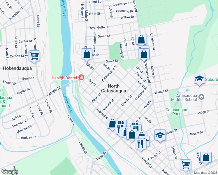 map of restaurants, bars, coffee shops, grocery stores, and more near in North Catasauqua
