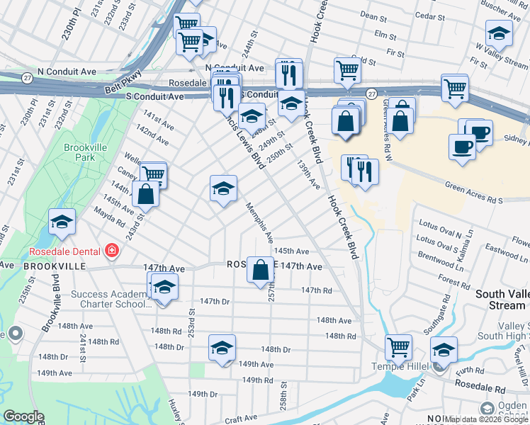 map of restaurants, bars, coffee shops, grocery stores, and more near 141-30 253rd Street in Queens