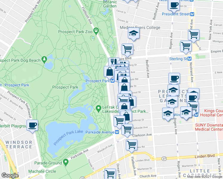 map of restaurants, bars, coffee shops, grocery stores, and more near 125 Ocean Avenue in Brooklyn