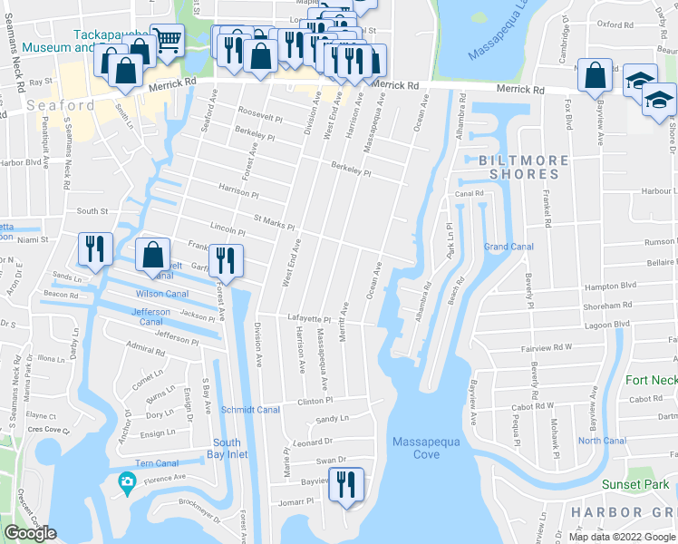map of restaurants, bars, coffee shops, grocery stores, and more near 77 Massapequa Avenue in Massapequa