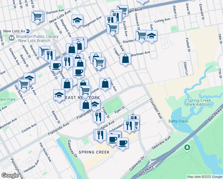 map of restaurants, bars, coffee shops, grocery stores, and more near 554 Cozine Avenue in Brooklyn