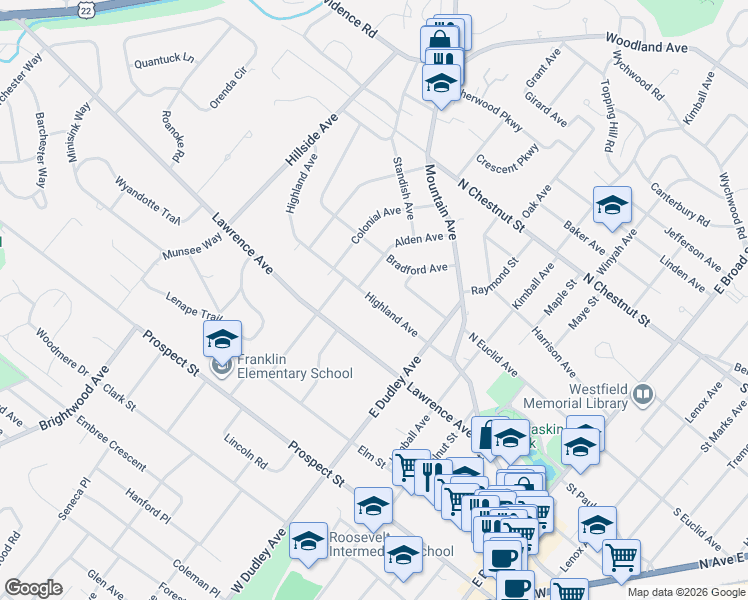 map of restaurants, bars, coffee shops, grocery stores, and more near 418 Alden Avenue in Westfield
