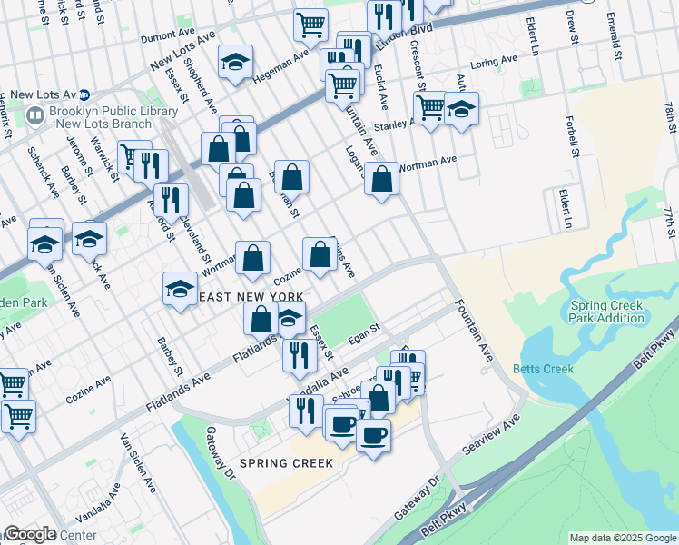 map of restaurants, bars, coffee shops, grocery stores, and more near 554 Cozine Avenue in Brooklyn