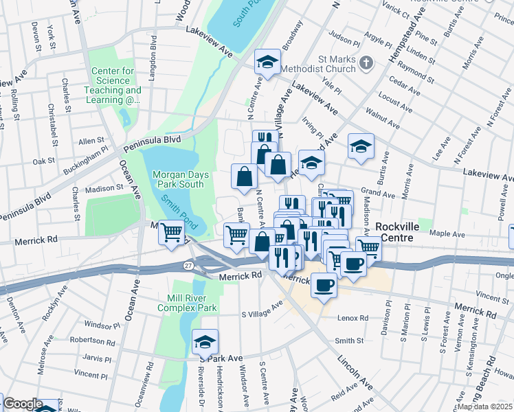 map of restaurants, bars, coffee shops, grocery stores, and more near in Rockville Centre