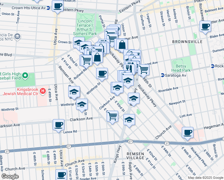 map of restaurants, bars, coffee shops, grocery stores, and more near 242 East 94th Street in Brooklyn