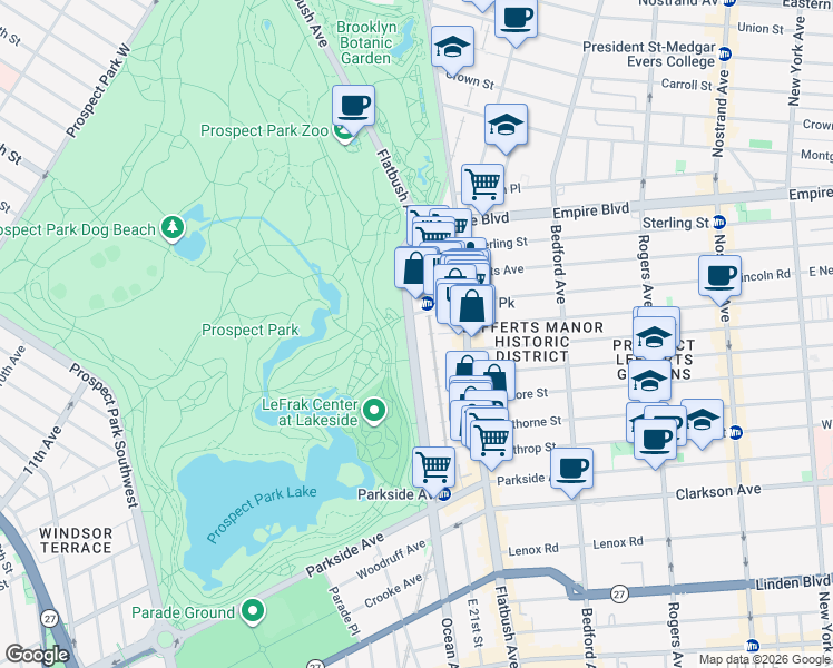 map of restaurants, bars, coffee shops, grocery stores, and more near 115 Ocean Avenue in Brooklyn