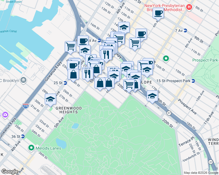 map of restaurants, bars, coffee shops, grocery stores, and more near 690 6th Avenue in Brooklyn
