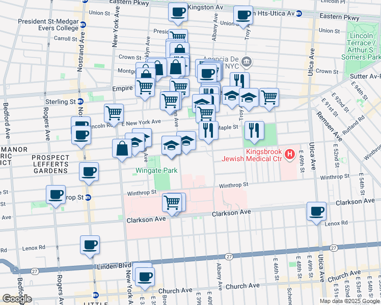 map of restaurants, bars, coffee shops, grocery stores, and more near Rutland Road in Brooklyn