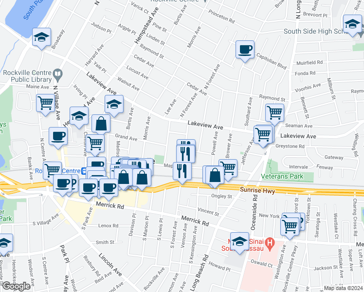 map of restaurants, bars, coffee shops, grocery stores, and more near 138 North Forest Avenue in Rockville Centre