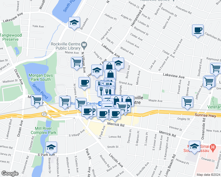 map of restaurants, bars, coffee shops, grocery stores, and more near 107 North Park Avenue in Rockville Centre