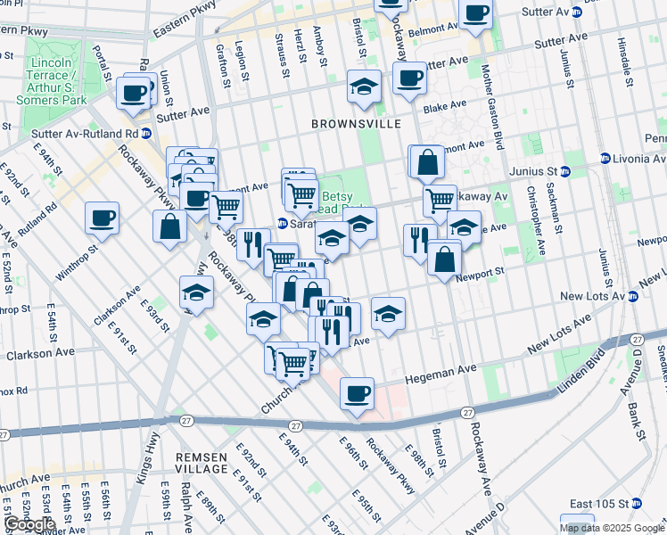 map of restaurants, bars, coffee shops, grocery stores, and more near 76 Riverdale Avenue in Brooklyn