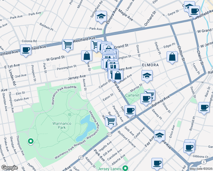 map of restaurants, bars, coffee shops, grocery stores, and more near 711 Canton Street in Elizabeth