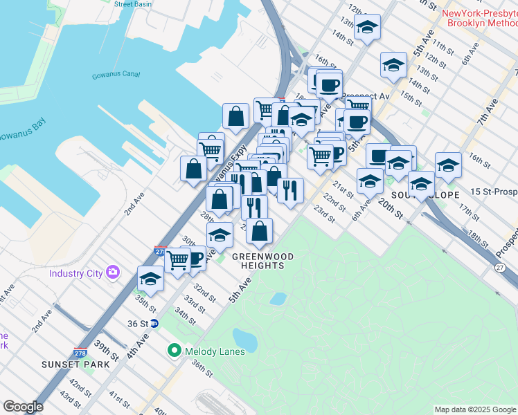 map of restaurants, bars, coffee shops, grocery stores, and more near 25th Street in Brooklyn