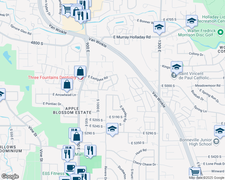 map of restaurants, bars, coffee shops, grocery stores, and more near 4953 South Eastridge Lane in Salt Lake City
