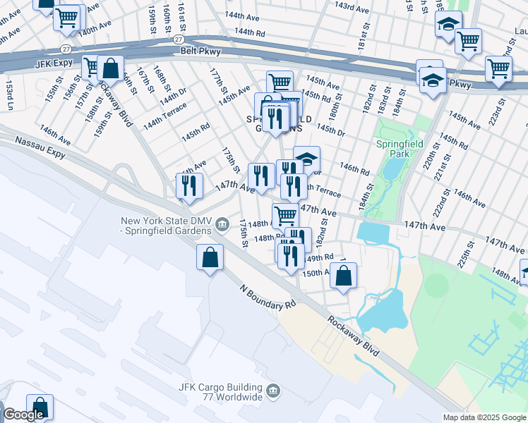 map of restaurants, bars, coffee shops, grocery stores, and more near 147-24 176th Street in Queens