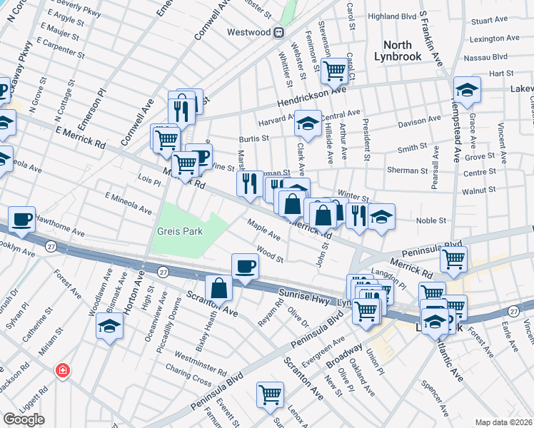 map of restaurants, bars, coffee shops, grocery stores, and more near 8 Taft Avenue in Lynbrook